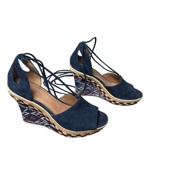 CAbi Isla Espadrille Wedge Heel Aztec Blue Suede Strappy Wrap Lace Up Sandals 6M - Picture 6 of 8